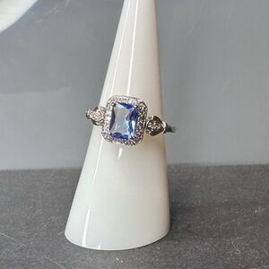 Elegant Lab Created Ceylon and Sapphire on a Rhodium Plated Ring